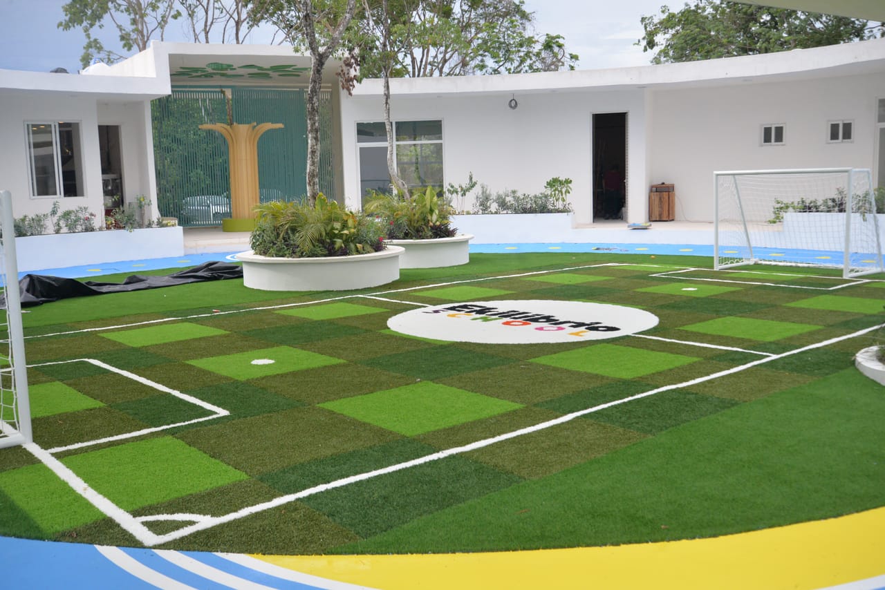 Cancha de pasto y edificios de la escuela